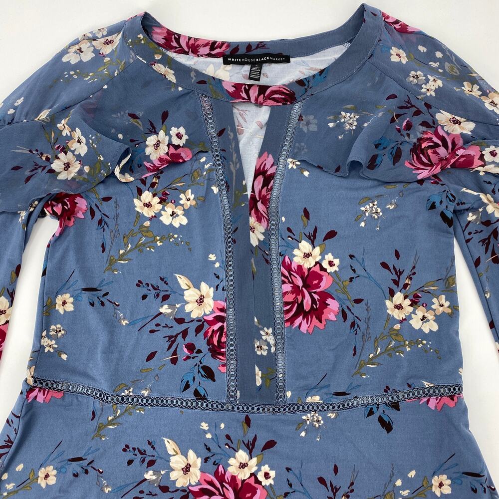 WHITE HOUSE BLACK MARKET Floral Ruffle Long Sleeve Pullover Blouse Womens Size S - Picture 2 of 8